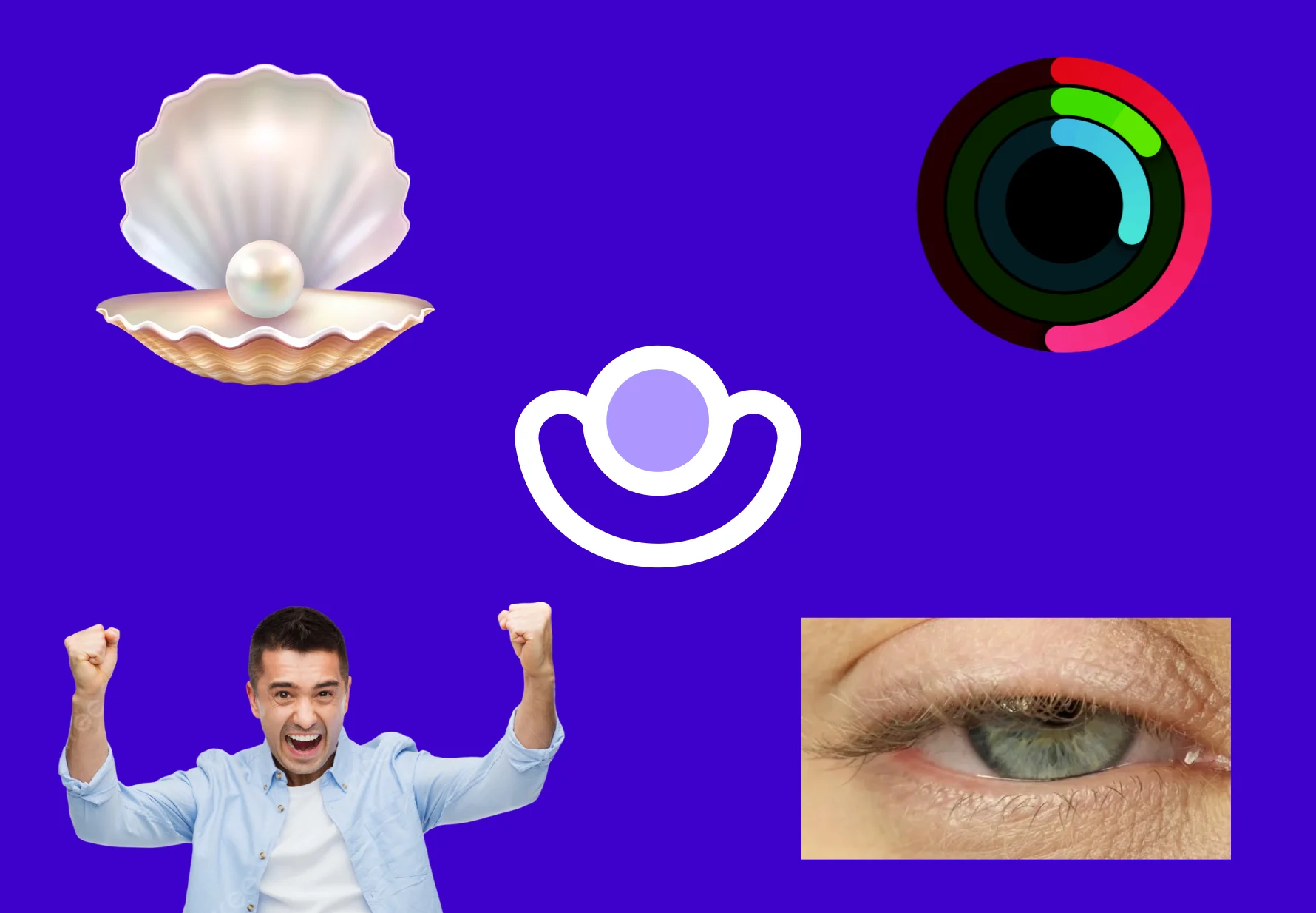 The four metaphors of the Pearl logo: a pearl in a shell, the joy of finished tasks, activity rings, a tired eye
